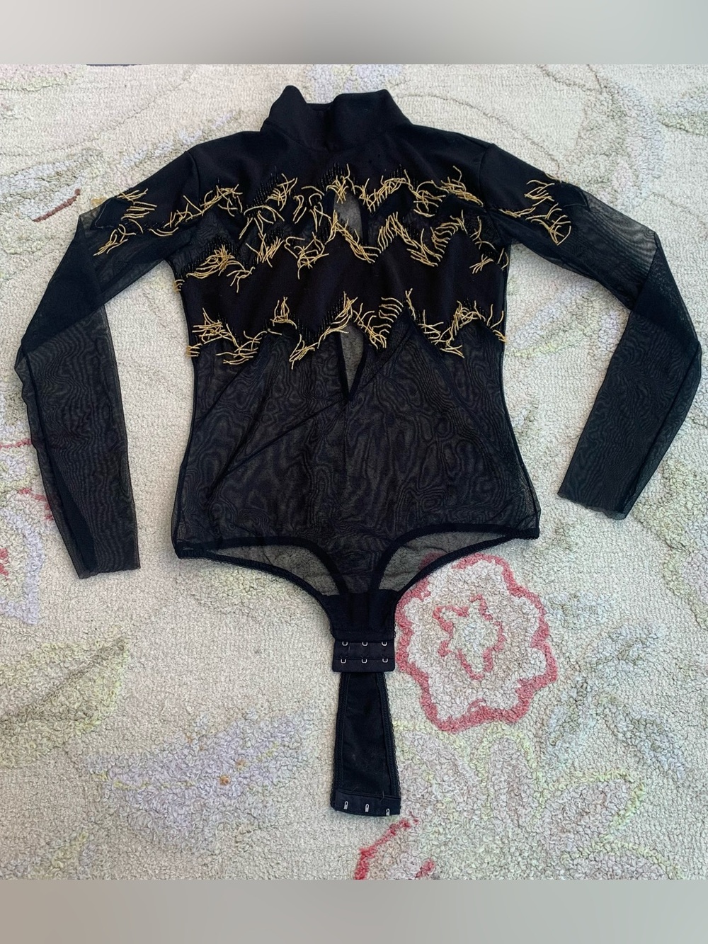 Elisabetta Franchi Black Sheer Mesh Gold Embroidered Mock Neck Bodysuit size 42